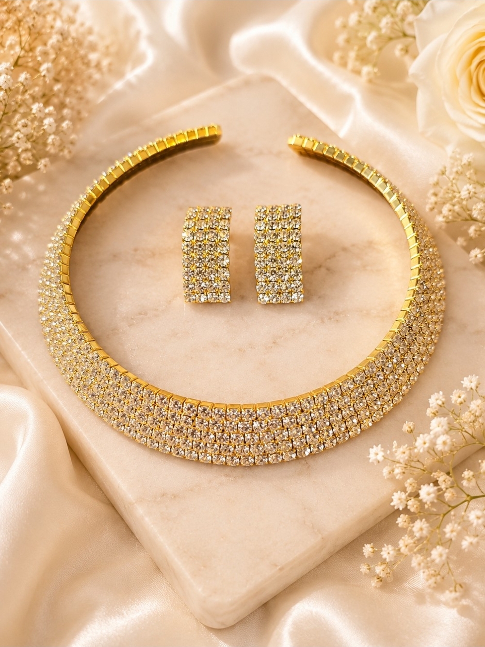 Gold-Tone Rhinestone Statement Collar Necklace & Earrings Set – Never Worn